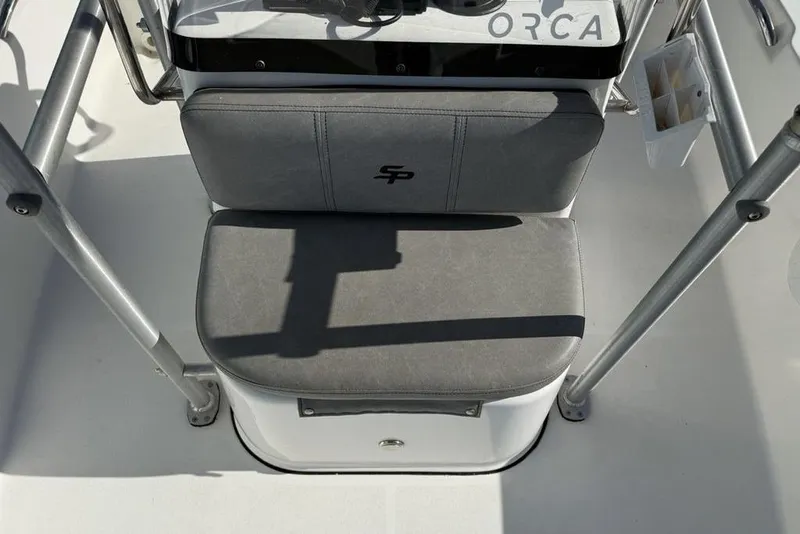 Slide: The Image of 2020 Sea Pro 172 Bay boat seat with gray cushion and metal frame. - 10