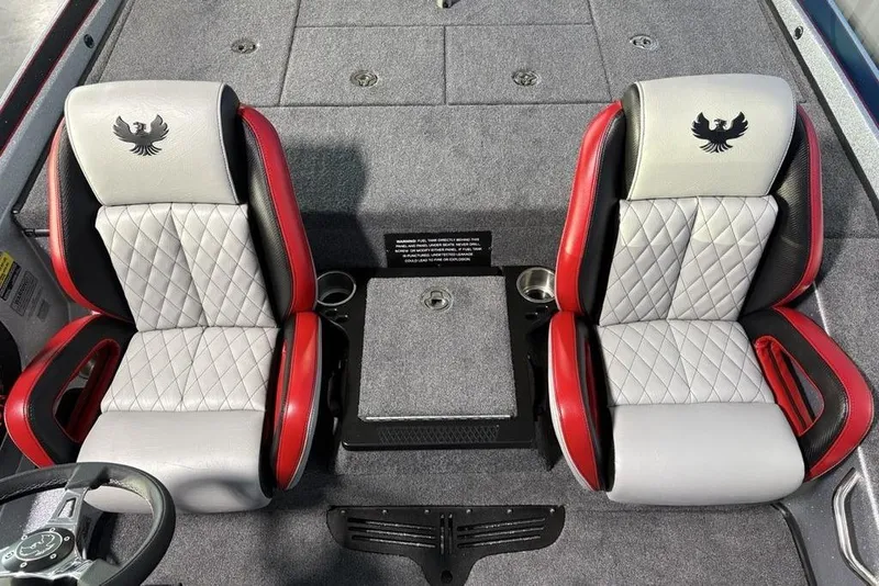 Slide: The Image of 2026 Phoenix 721 ZXL boat interior with stylish red and gray seats, featuring embroidered logos. - 13