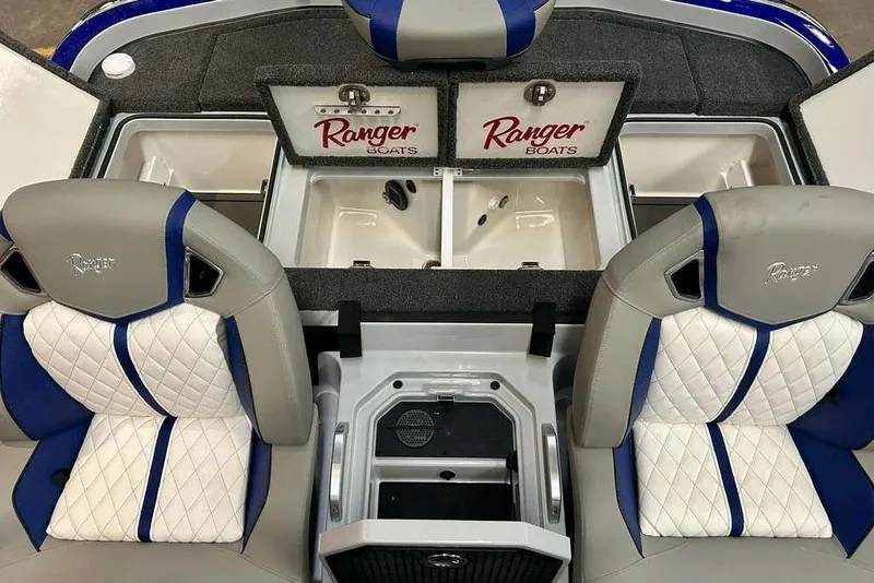 Slide: The Image of 2026 Ranger Z520R Ranger Cup boat interior with premium seating and storage compartments. - 11