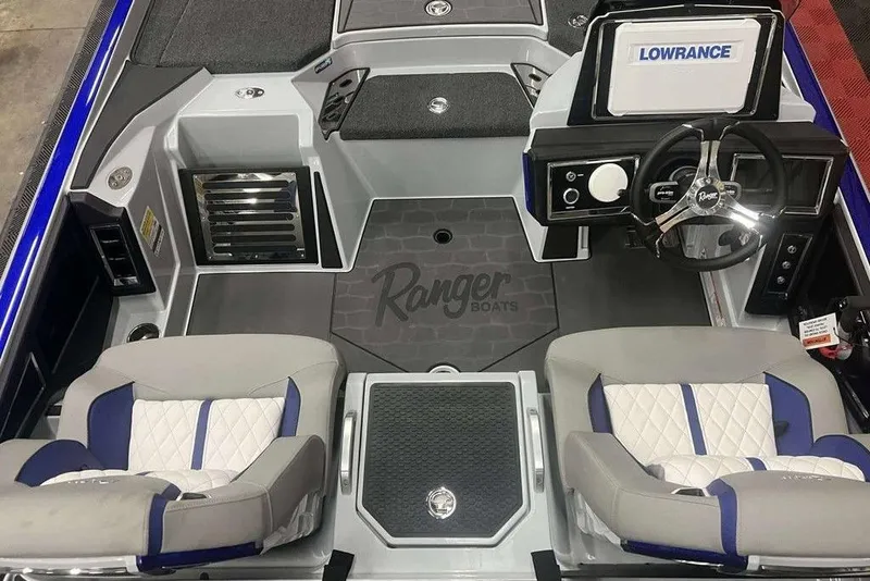 Slide: The Image of 2026 Ranger Z520R Ranger Cup boat interior with dual seats and Lowrance electronics. - 5