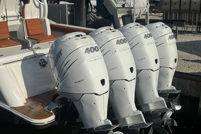 Slide: The Image of 2019 Scout 420 LXF with four Mercury 400 Verado outboard engines. - 36