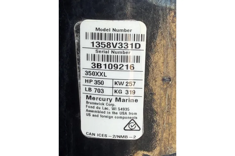 Slide: The Image of Label on Mercury Marine engine, model 350XXL, serial 3B109216, for Scout 330 LXF 2022. - 78