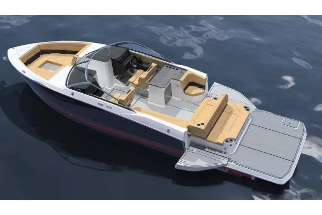 Slide: The Image of Luxurious 2026 Four Winns H33 boat interior with tan seating and blue LED lighting. - 12