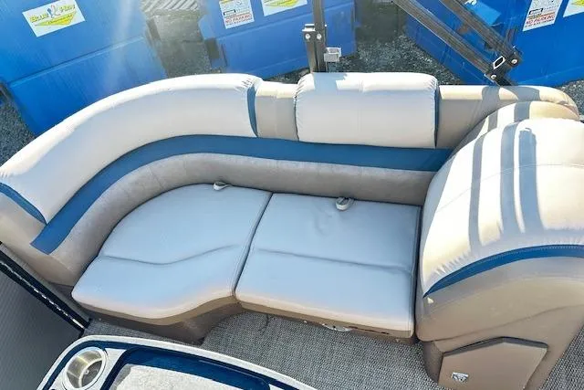 Slide: The Image of 2018 Godfrey Sweetwater 2286 SB Triple Tube boat seating, beige and blue upholstery. - 13