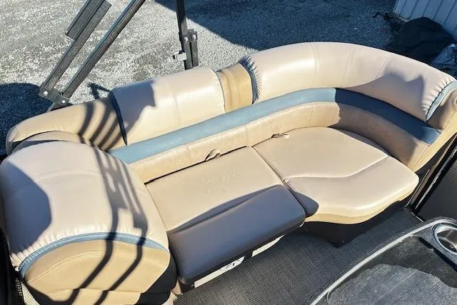 Slide: The Image of 2018 Godfrey Sweetwater 2286 SB Triple Tube boat seating, beige and blue upholstery. - 14