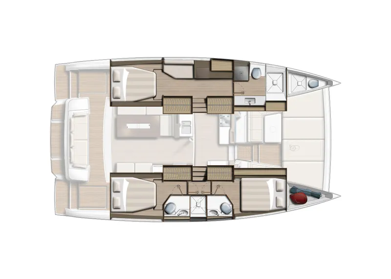 Slide: The Image of Floor plan of a 2026 Bali 4.2 catamaran, featuring cabins and living areas. - 14