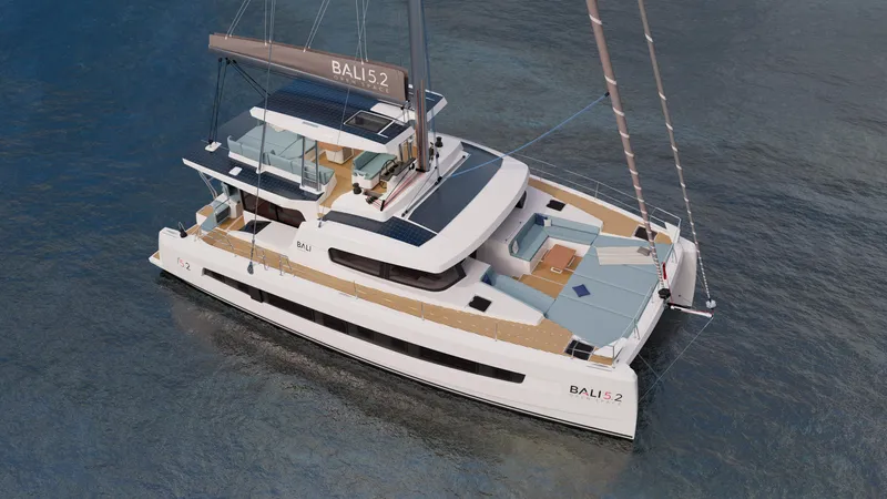 The Image of Modern Bali 5.2 catamaran sailing on calm waters, 2026 model, featuring spacious deck and sleek design. - 0