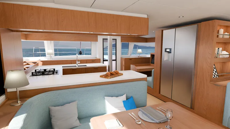 Slide: The Image of Luxurious interior of 2026 Bali 5.2 yacht with modern kitchen and dining area. - 11