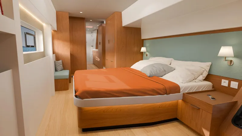 Slide: The Image of Luxurious bedroom interior of Bali 5.2 yacht, 2026 model, featuring modern design and cozy ambiance. - 5