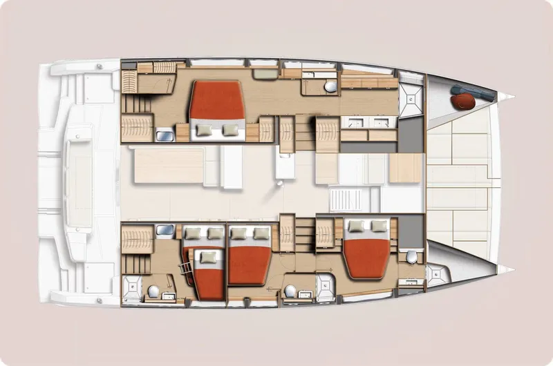 Slide: The Image of Floor plan of a 2026 Bali 5.2 catamaran, featuring spacious cabins and modern amenities. - 8