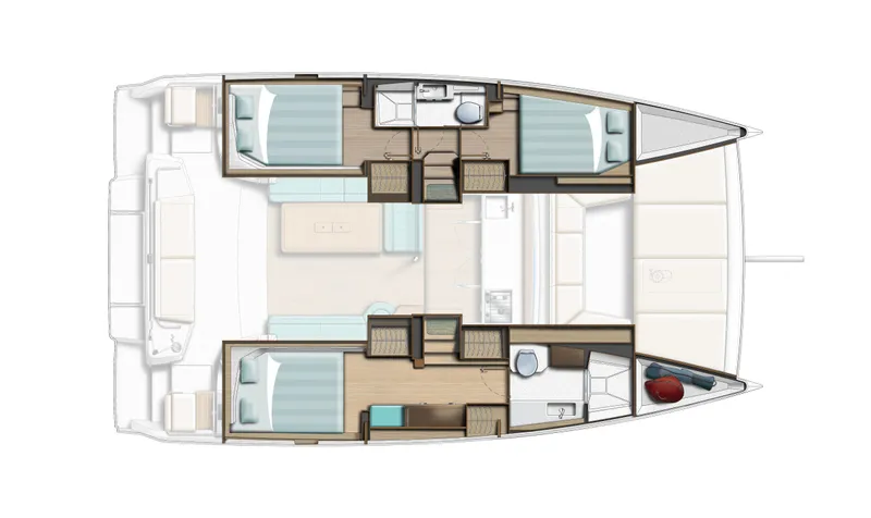 Slide: The Image of Floor plan of 2026 Bali CATSMART catamaran, featuring cabins, bathrooms, and living areas. - 19