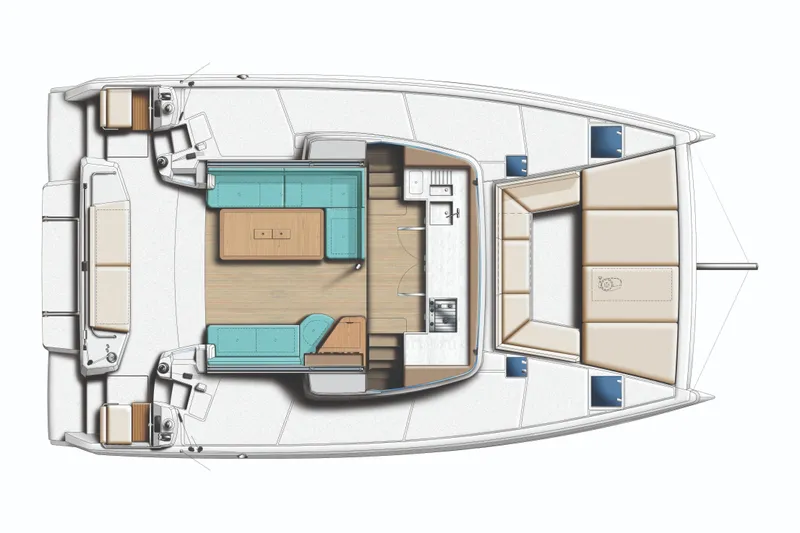 Slide: The Image of Top view of 2026 Bali CATSMART catamaran interior layout, featuring seating and kitchen areas. - 8