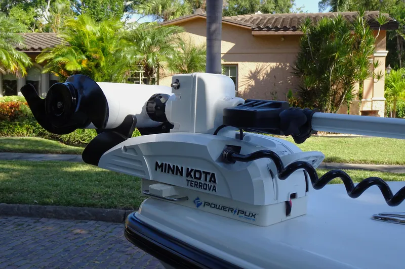 Slide: The Image of Minn Kota Terrova trolling motor on a boat, surrounded by lush greenery. - 20