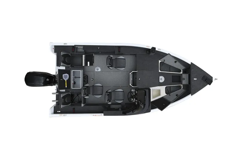 Slide: The Image of 2026 Lund 1775 Impact XS SS boat interior with gray seating and carpeted flooring. - 13