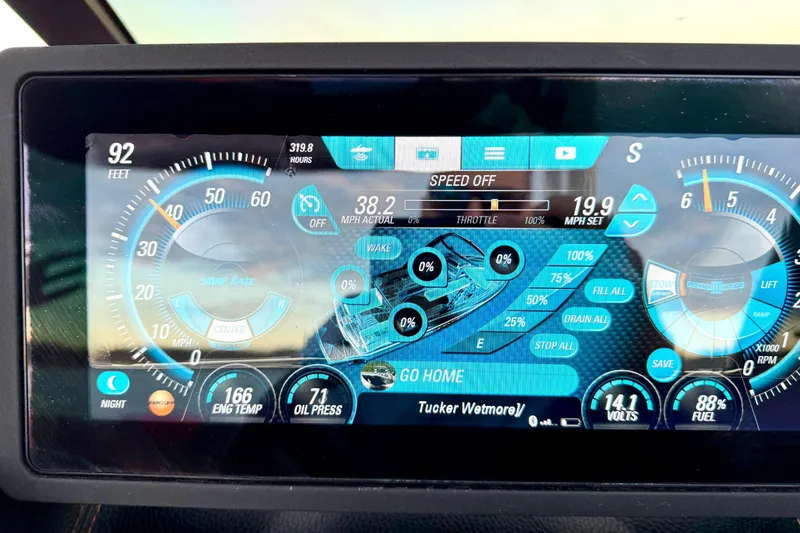Slide: The Image of Dashboard display of a 2019 Malibu Wakesetter 23 LSV boat showing speed and engine data. - 28