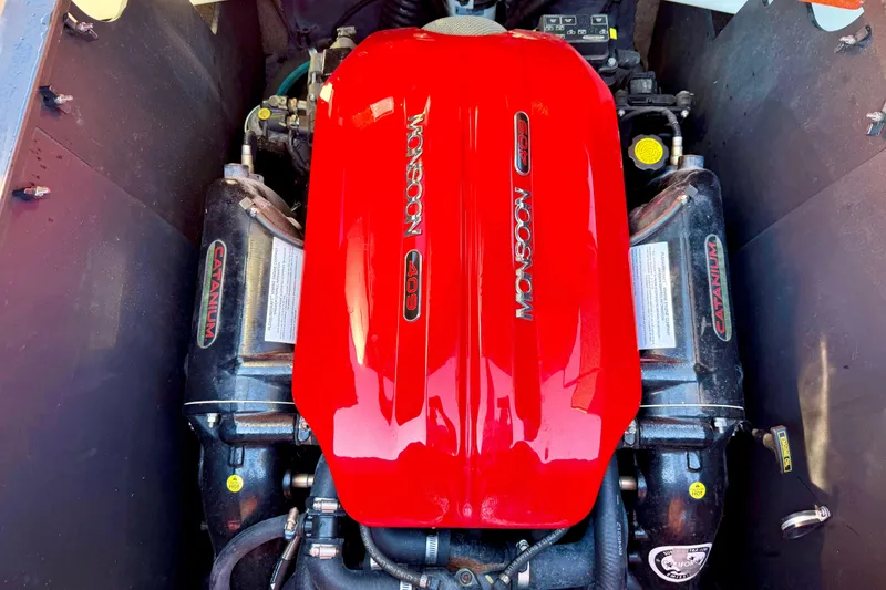 Slide: The Image of 2019 Malibu Wakesetter 23 LSV engine, featuring a red Monsoon 409 cover. - 29