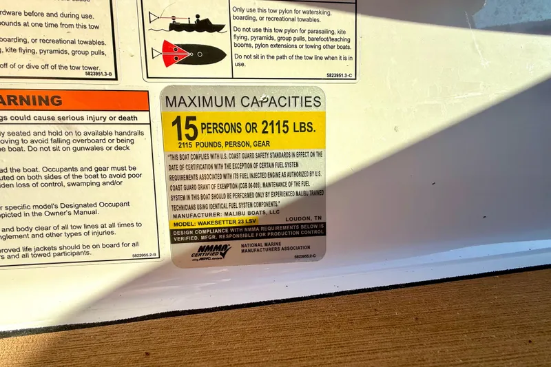 Slide: The Image of 2019 Malibu Wakesetter 23 LSV capacity label, 15 persons or 2115 lbs. - 47