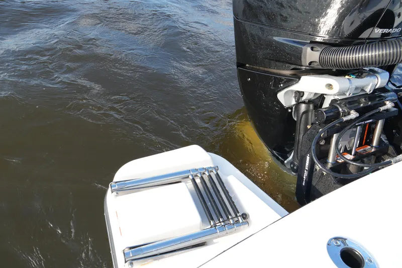 Slide: The Image of 2026 Blackfin 262 HB boat with outboard motor and swim ladder in water. - 52