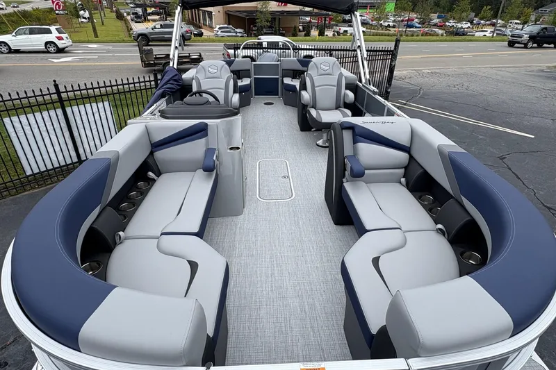 Slide: The Image of 2026 South Bay S 224 pontoon boat with spacious seating and modern design. - 3