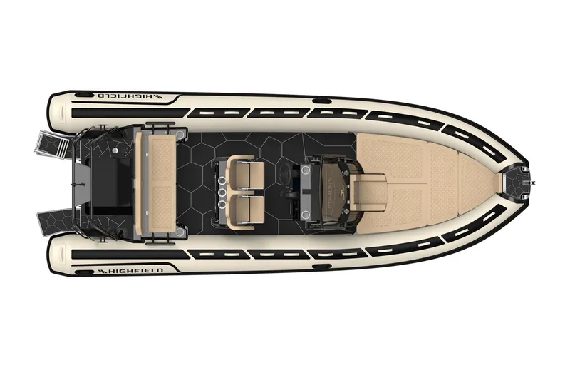 Slide: The Image of Manufacturer Provided Image: Top view of 2025 Highfield Sport 660 inflatable boat with beige and black design. - 3