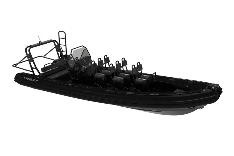 Slide: The Image of Manufacturer Provided Image: 2025 Highfield Patrol 860 boat, sleek black design, multiple seats, modern features. - 5