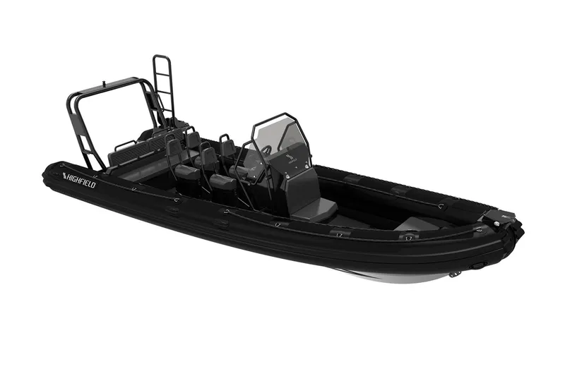 Slide: The Image of Manufacturer Provided Image: 2025 Highfield Patrol 760 boat, sleek black design, side view. - 2