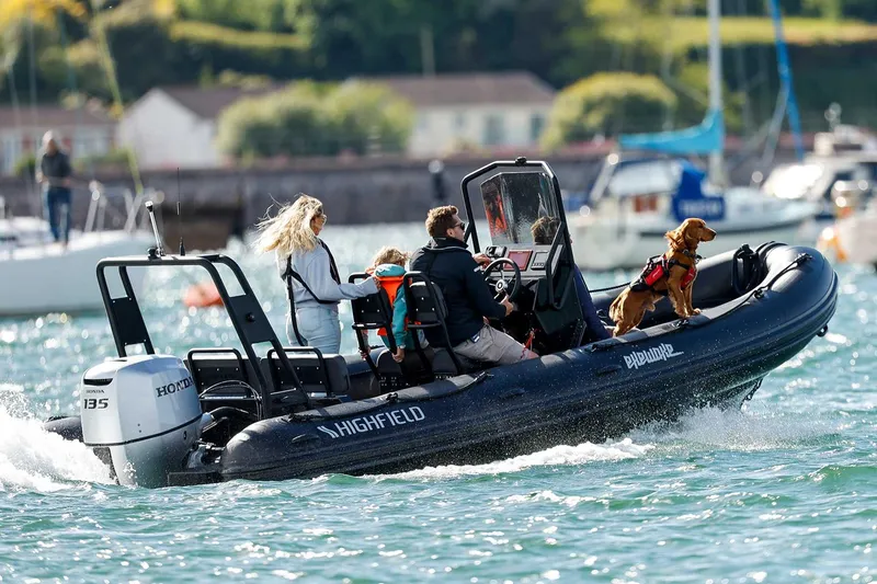 Slide: The Image of Manufacturer Provided Image: Highfield Patrol 600 boat cruising with passengers and a dog, 2025 model. - 1