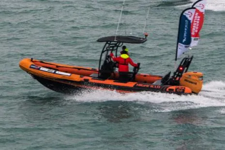 Slide: The Image of Manufacturer Provided Image: Highfield Patrol 660 boat cruising on water, 2025 model, with passengers in safety gear. - 2