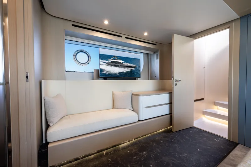 Slide: The Image of Luxurious interior of 2024 Azimut Fly 68 yacht with modern seating and elegant design. - 32