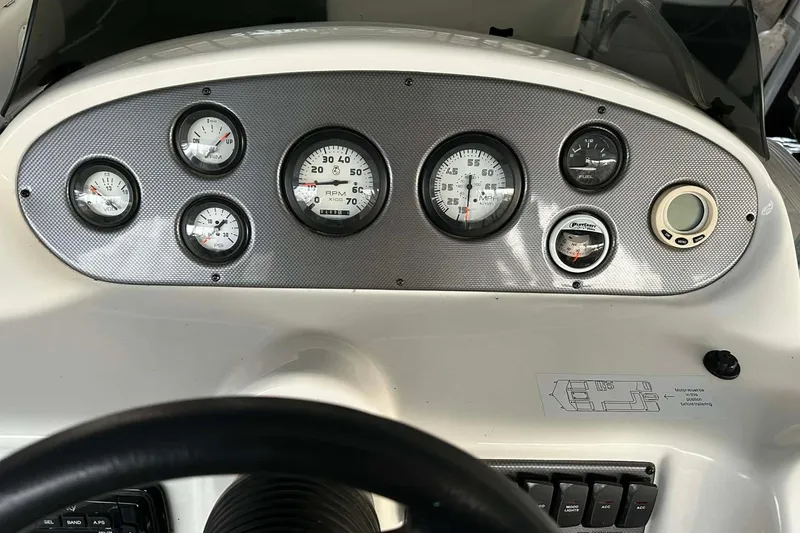 Slide: The Image of Dashboard of a 2015 PlayCraft 25 Clipper boat with various gauges and controls. - 14