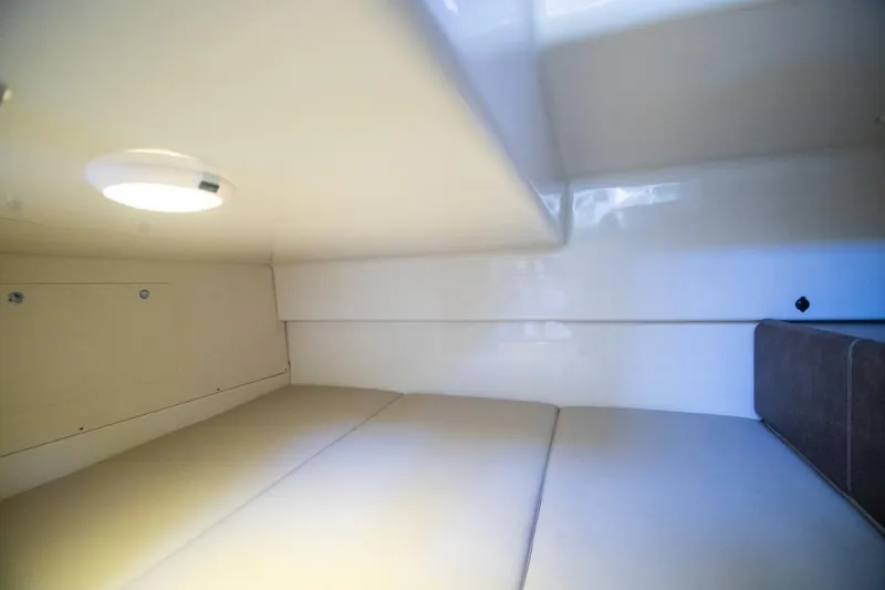 Slide: The Image of Interior cabin of 2014 Boston Whaler 315 Conquest, featuring cozy sleeping area. - 35