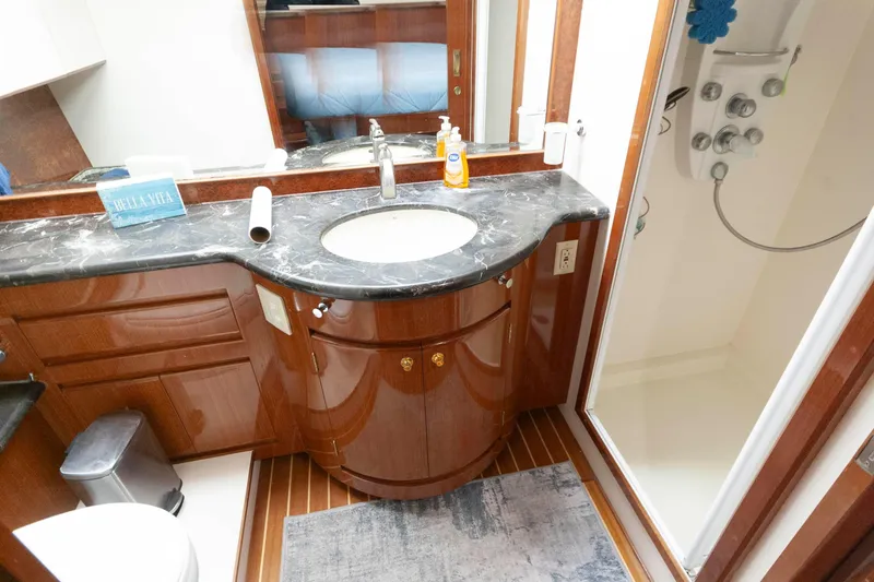 Slide: The Image of Luxurious bathroom in 2007 Novatec 55 Islander CPMY yacht with marble countertop and shower. - 38