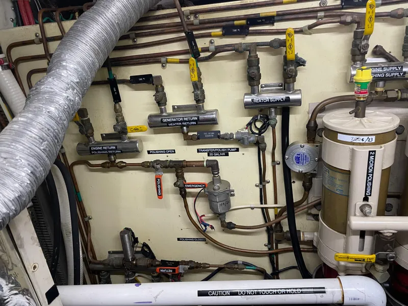 Slide: The Image of Engine room piping and valves of a 1991 TransWorld Fantail 50 Motor Yacht. - 36