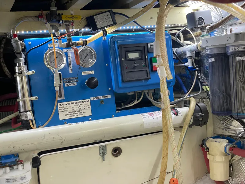 Slide: The Image of Engine room of 1991 TransWorld Fantail 50 Motor Yacht with control panel and gauges. - 47