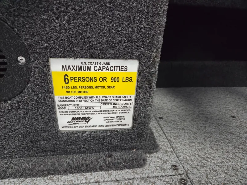 Slide: The Image of Crestliner 1650 Hawk 2026 boat capacity: 6 persons or 900 pounds. - 22