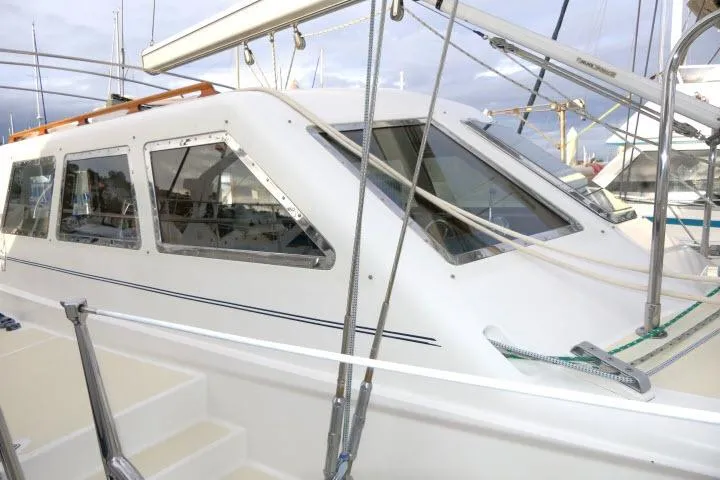 Slide: The Image of 2002 Tayana 460 Vancouver Pilothouse yacht with sleek windows and sturdy design. - 70