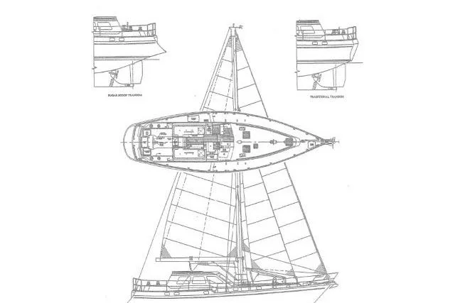 Slide: The Image of Blueprint of 2002 Tayana 460 Vancouver Pilothouse sailboat, showcasing deck and side views. - 79