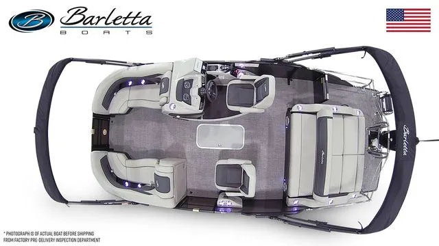 Slide: The Image of 2026 Barletta Boats Cabrio 22UC pontoon boat, top view, featuring spacious seating and modern design. - 7