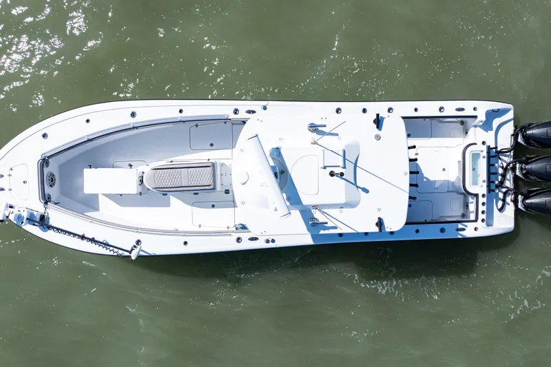 Slide: The Image of Overhead view of 2019 Yellowfin 36 Offshore boat on water. - 7