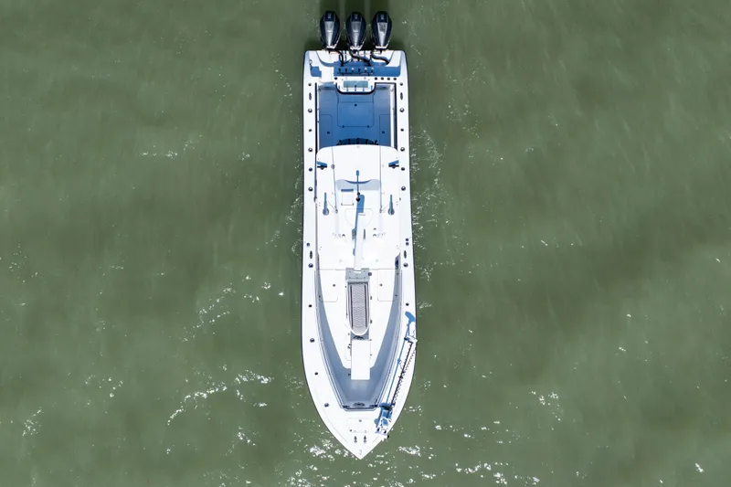 Slide: The Image of Aerial view of 2019 Yellowfin 36 Offshore boat on calm water. - 9