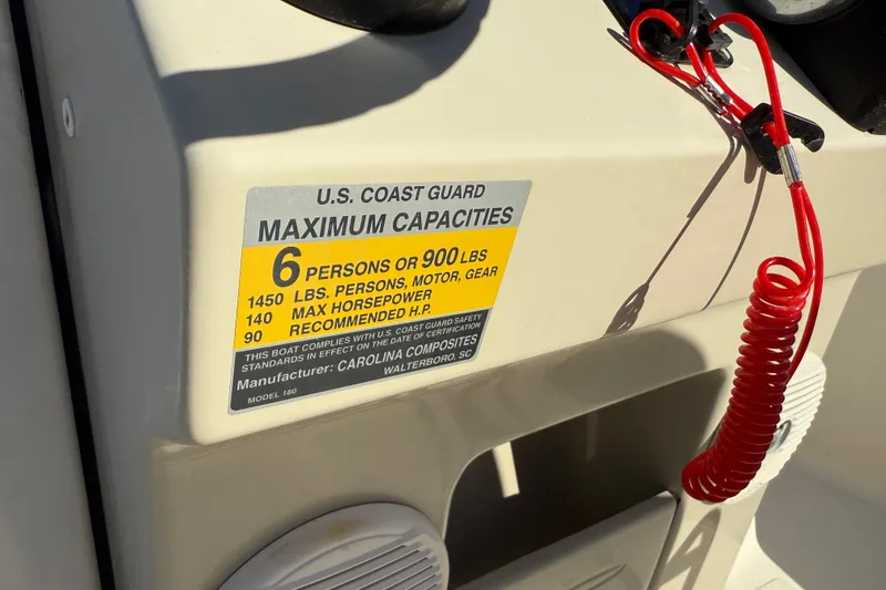 Slide: The Image of 2016 Pioneer 180 Islander boat capacity label, U.S. Coast Guard maximum capacities. - 21