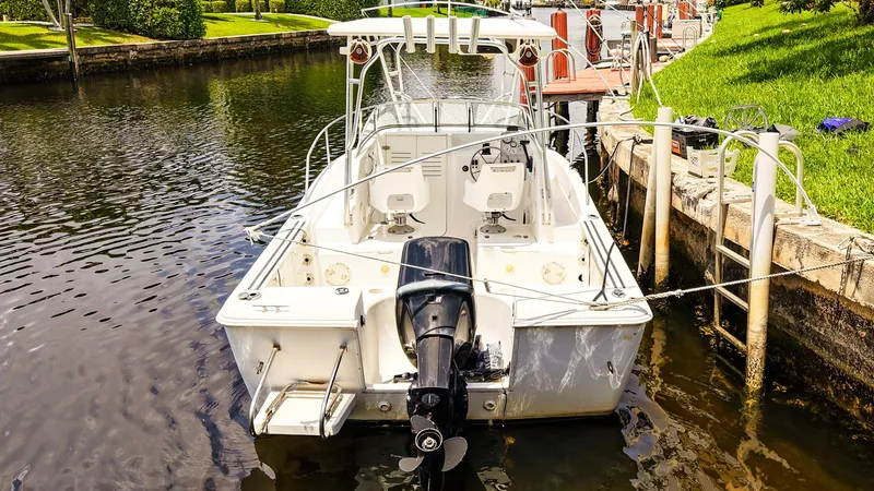 Slide: The Image of 1999 Pro-Line 201 Walkaround boat docked in a canal, rear view. - 4