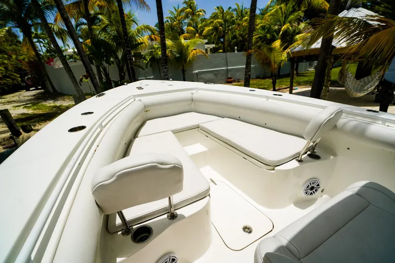 Slide: The Image of 2016 Sea Hunt Gamefish 30 boat, white interior, palm trees in background. - 14