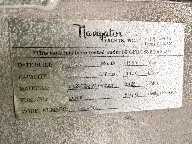 Slide: The Image of Navigator Yachts 1998 model 53 fuel tank label, 5052-H32 aluminum, diesel, 406 gallons capacity. - 39