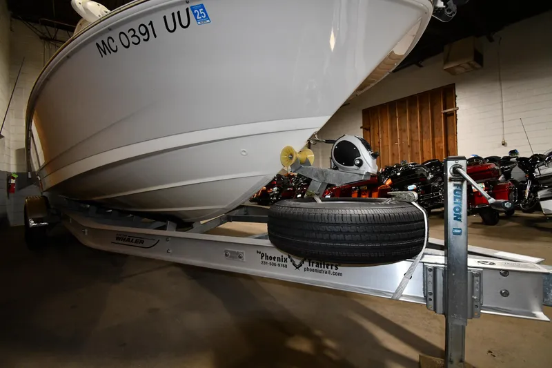 Slide: The Image of 2022 Boston Whaler 250 Dauntless boat on trailer in indoor storage. - 4