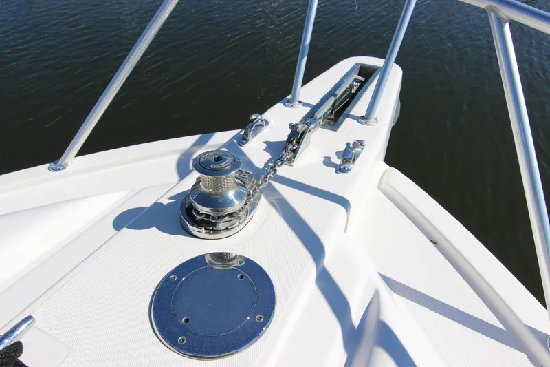 Slide: The Image of Bow of 2008 Bertram 360 yacht with anchor winch and railing. - 10