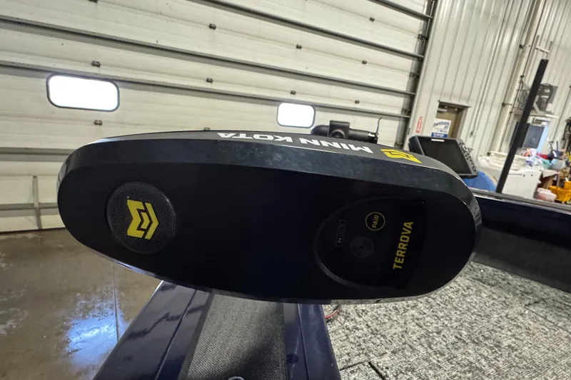 Slide: The Image of Minn Kota Terrova motor on 2025 Tracker Targa V-19 WT boat in garage. - 17