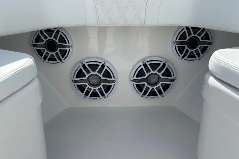Slide: The Image of 2025 Contender 35 ST boat interior with four JL Audio speakers. - 46