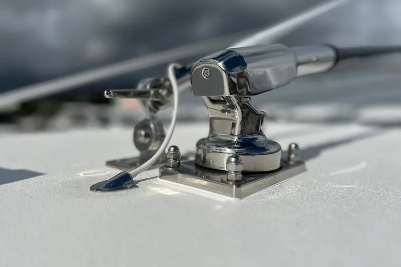 Slide: The Image of Close-up of a 2025 Contender 35 ST boat's polished metal hardware. - 57