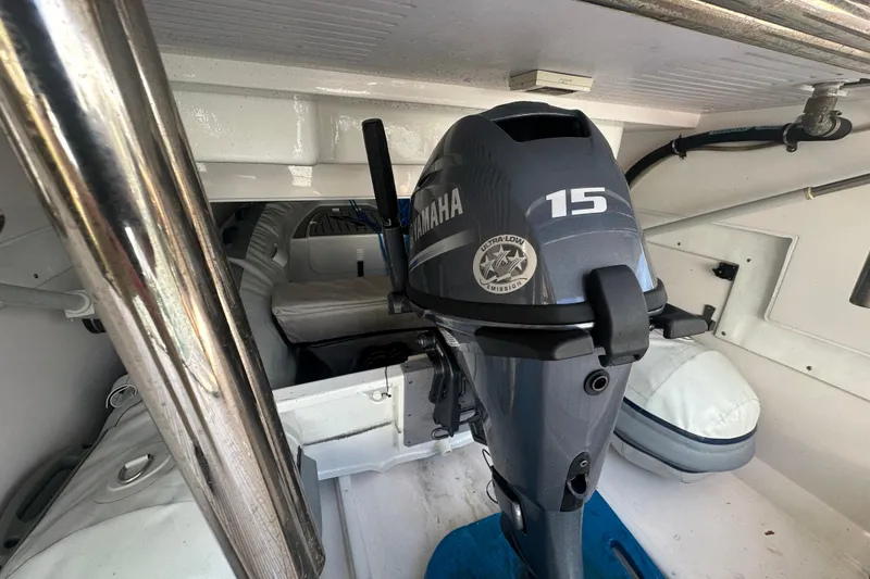 Slide: The Image of 2023 Belize 54 Day Bridge boat interior with Yamaha 15 outboard motor. - 30